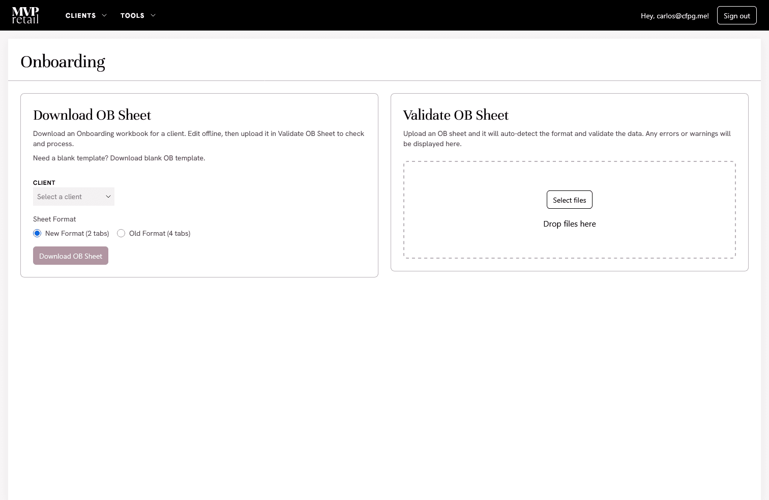 MVP Retail admin onboarding — download & validate OB sheets
